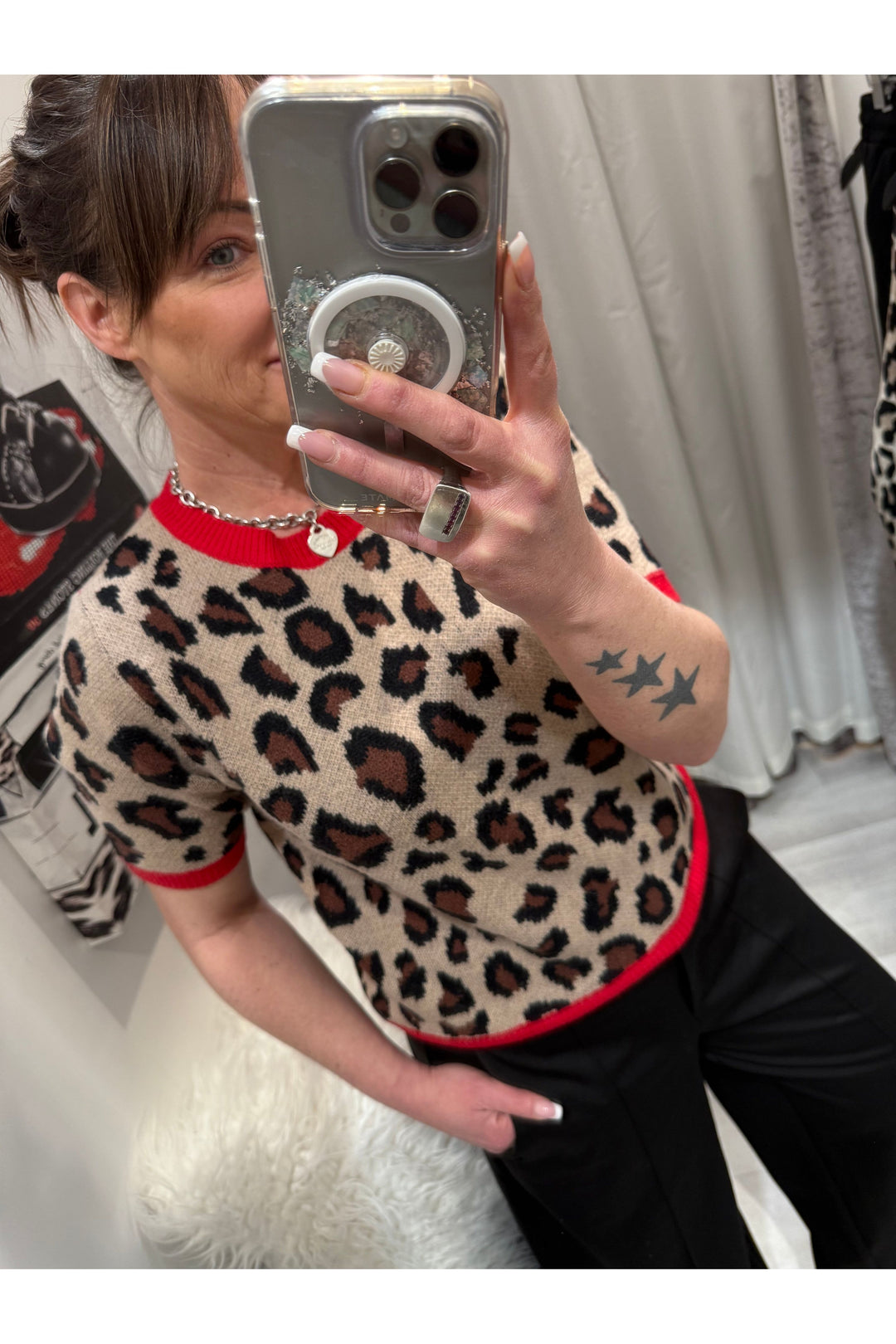 Leopard Sweater with Red Trim